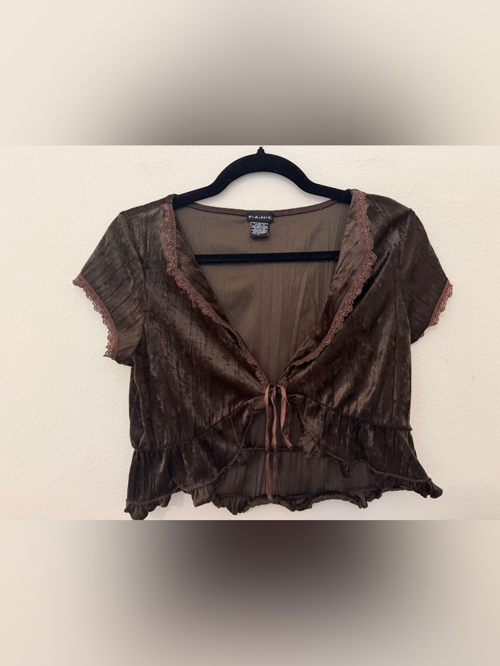 Y2K FANG Brown Velvet Lace Cropped Cardigan Sz L Short Sleeve Whimsigoth Fairy